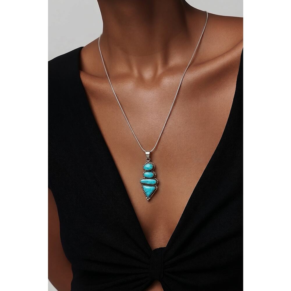 Navajo Scott Skeets Sterling Silver Kingman Quad Turquoise Pendant Necklace